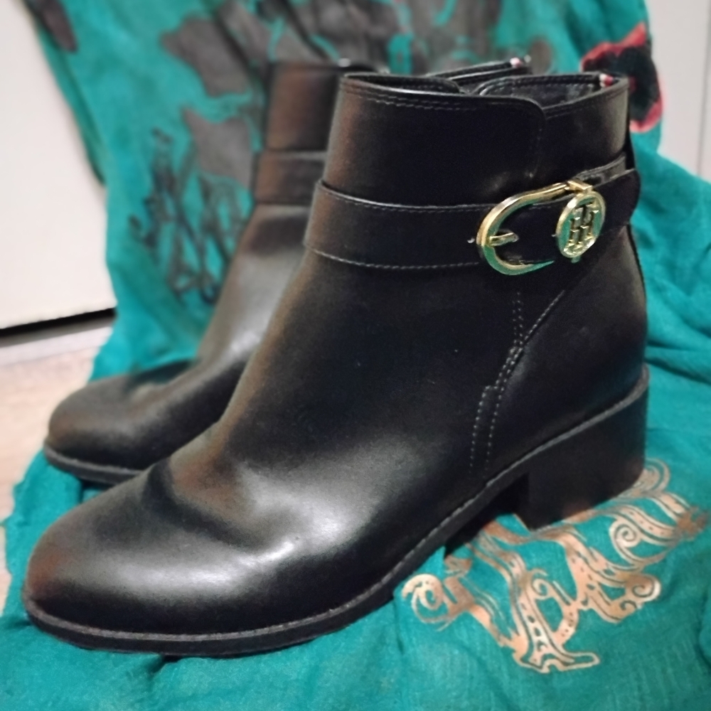 Tommy Hilfiger Black Ankle Boots with Gold Buckle